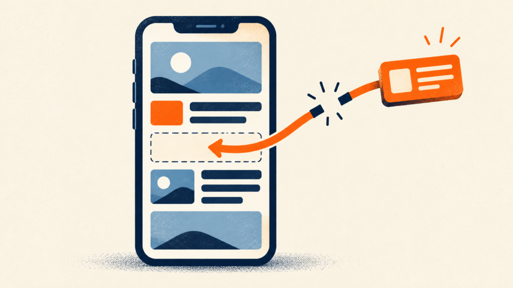 Conceptual illustration of a missing mobile web module returning to a phone after a network interruption.