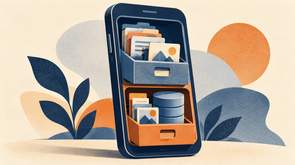Conceptual illustration of a smartphone holding two filing drawers with documents, attachments, and a database.