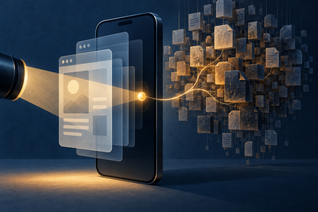 Conceptual illustration of a smartphone connected to retained data blocks by a glowing reference thread.