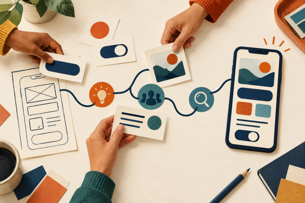 Conceptual illustration of designers carrying accessibility decisions from a paper mobile wireframe into a phone interface.