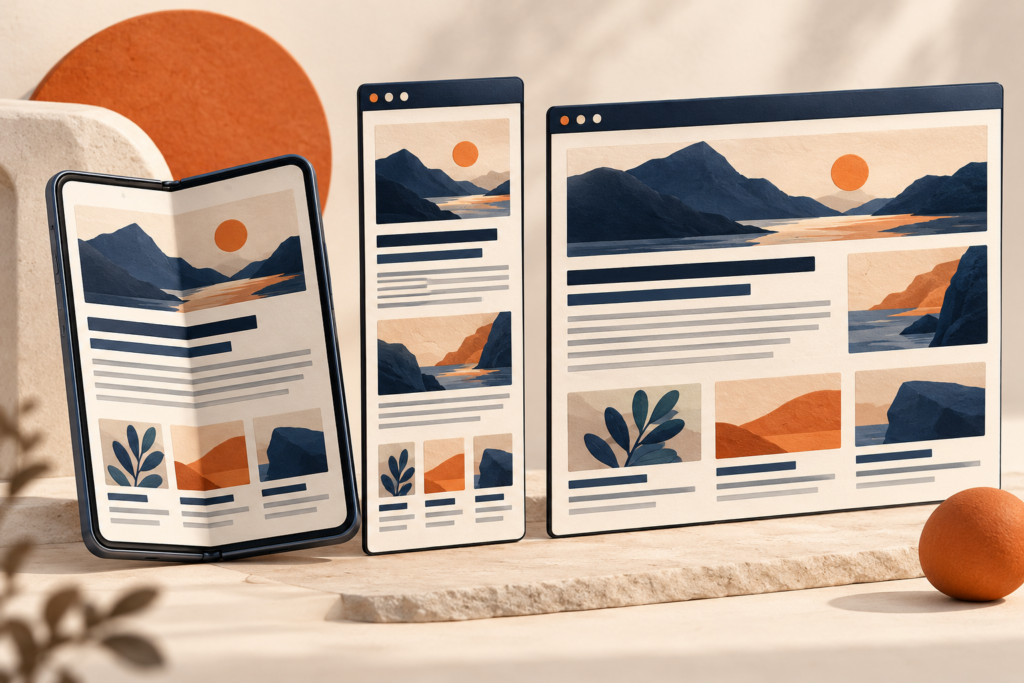 Conceptual illustration of a folding phone and narrow and wide browser windows showing a responsive article layout.