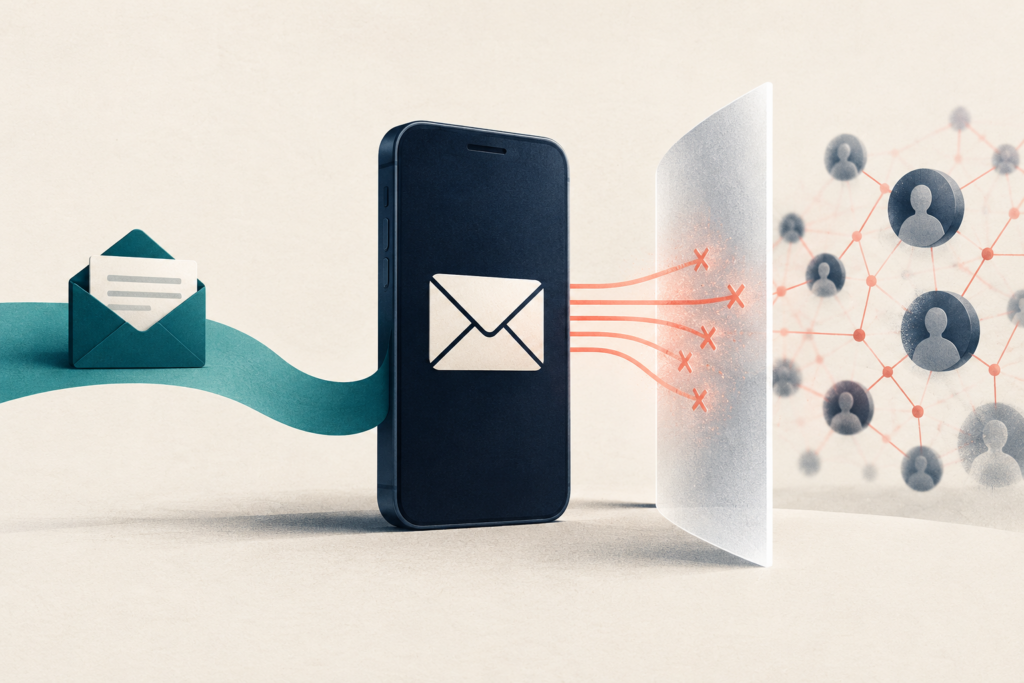 Conceptual illustration of a phone maintaining a newsletter connection while a privacy barrier blocks links to an identity network.